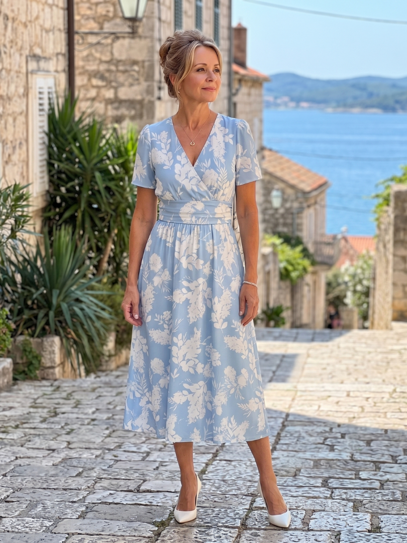 Women's floral midi dress with V-neck and short sleeves - Lightweight and summery