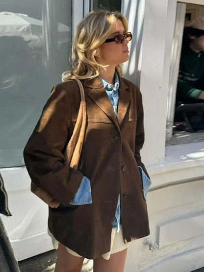 Veste Blazer Oversize Élégante en Daim Marron pour Femme – Confort