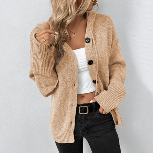 Gilet Cardigan Tricoté à Capuche pour Femme – Décontracté Col V Boutonné Manches Longues