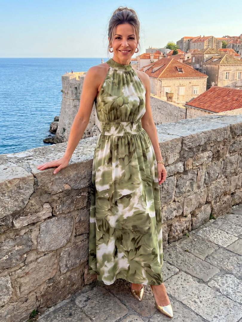 Women's Midi Dress with Abstract Print and Ruched Waist - Flowing and Elegant