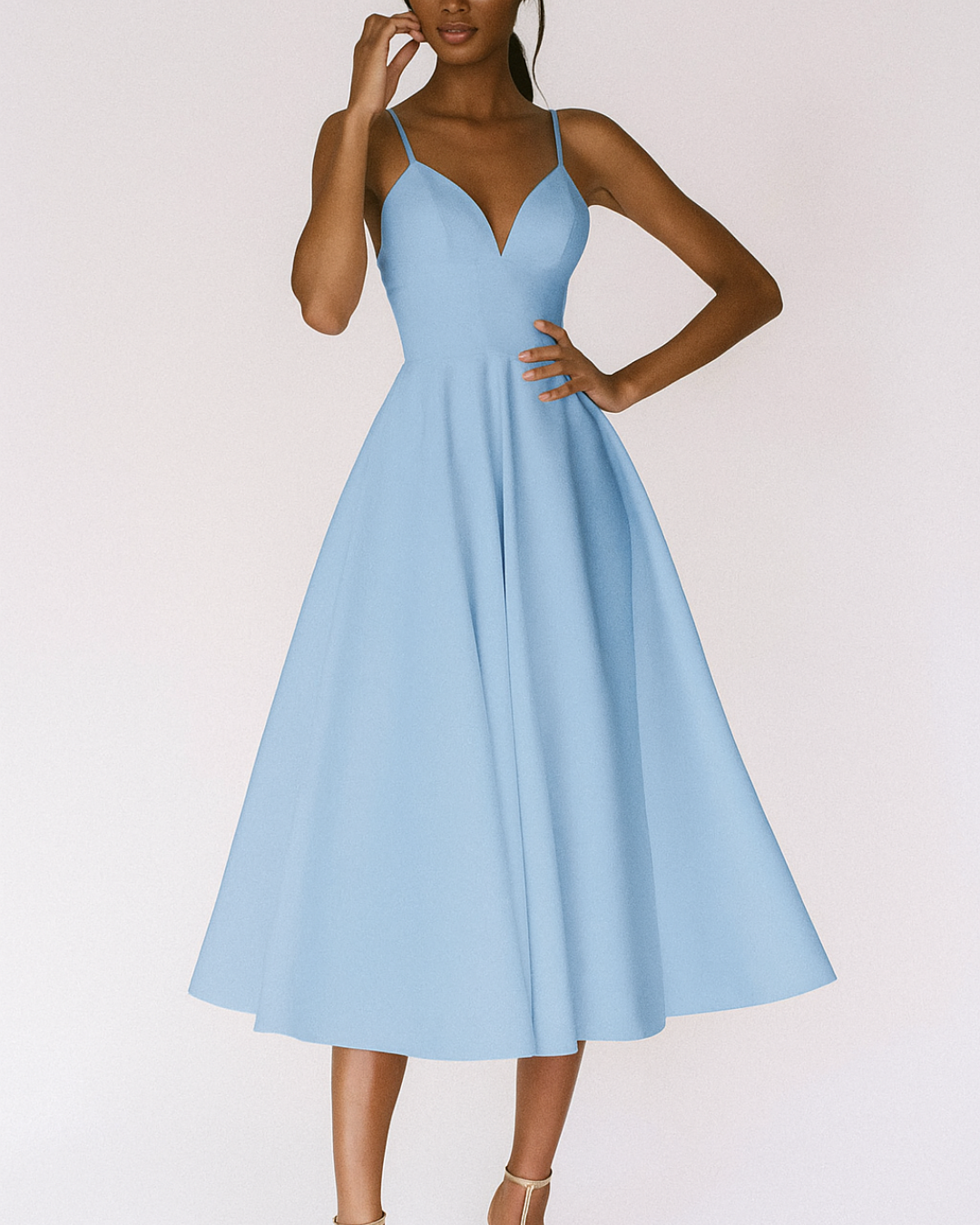 Robe Midi Élégante pour Invitée de Mariage Femme – Robe Flare Plissée à Décolleté V et Bretelles
