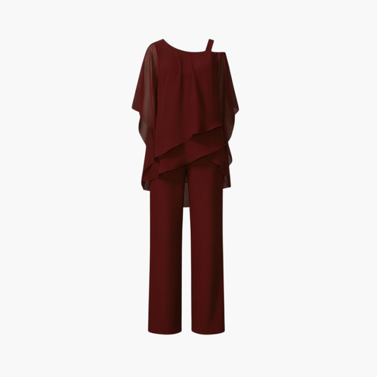 Off-Shoulder Chiffon Set for Women – Elegant Top and Wide Pants