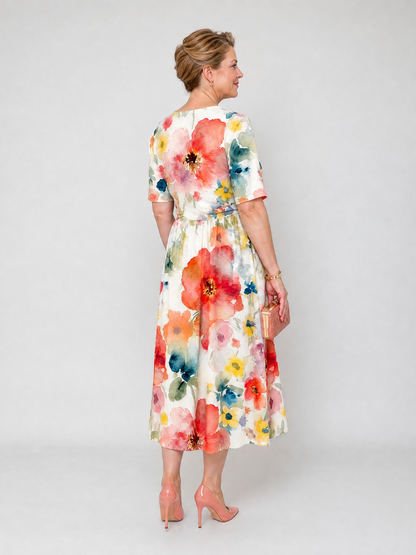 Women's floral midi dress with V-neck and short sleeves - Light and flattering