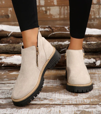 Bottines Confort Femme – Bout Rond avec Plateforme et Fermeture Zippée