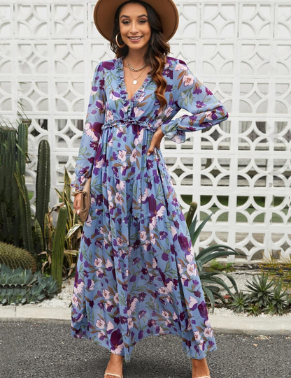Robe Maxi Bohème en Chiffon à Fleurs Femme – Style Élégant Fluide à Manches Longues