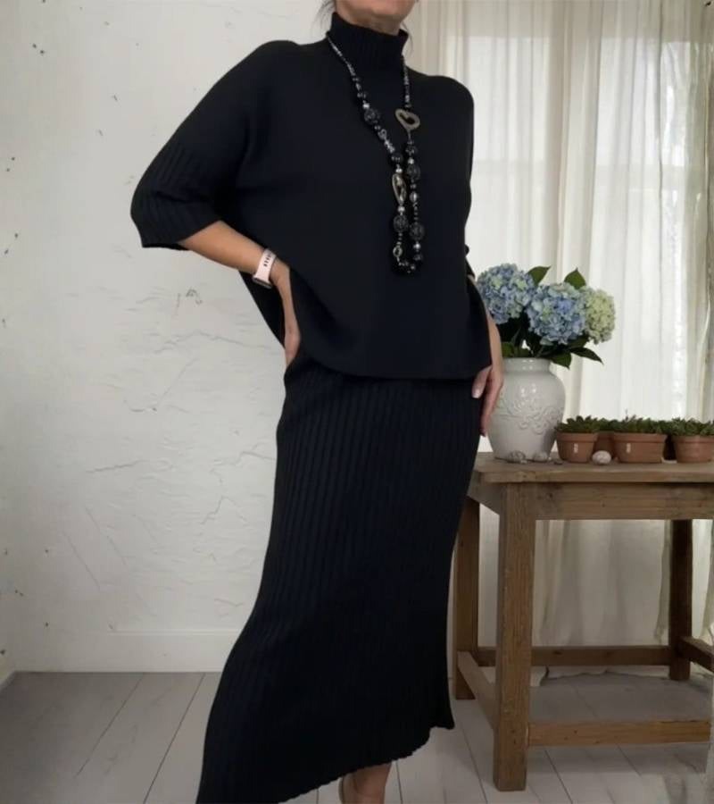 Ensemble Tricot Élégant Femme – Pull Col Roulé Côtelé et Jupe Midi