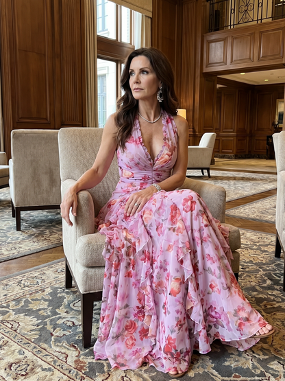 Women's Floral Maxi Dress with Halter Neck and Ruched Bustier - Refined and Summery