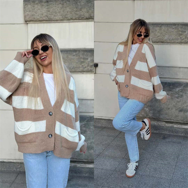 Women's striped cardigan - V-neck and long sleeves