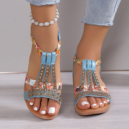 Sandales compensées boho élégantes pour femme avec strass – Ouvertes et confortables pour l’été