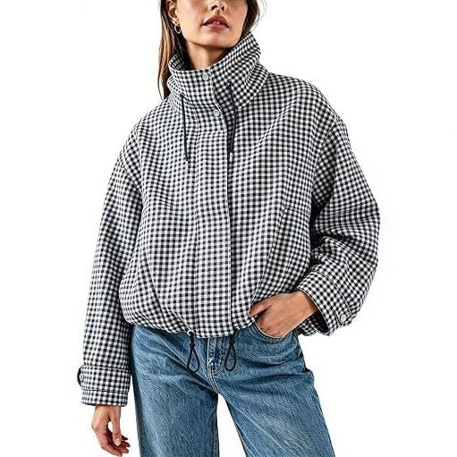 Veste femme à carreaux, col montant et fermeture zippée – Style décontracté chic et court