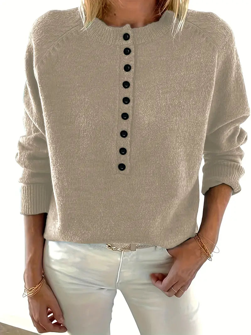 Women's crew-neck sweater with buttons - Elegant and comfortable