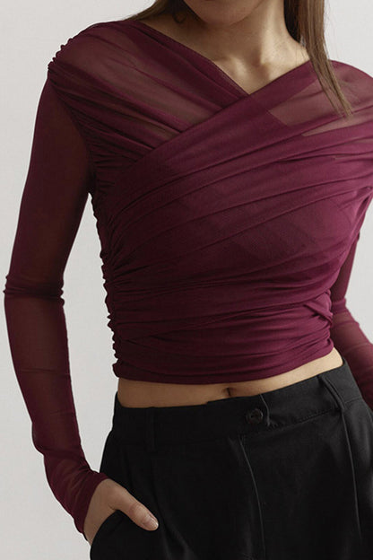 Chemisier drapé en maille pour femme – Manches longues, style élégant et décontracté pour le travail