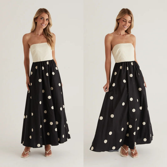 Maxi dress with polka dot patchwork for women – Elegant sheath dress with A-line skirt