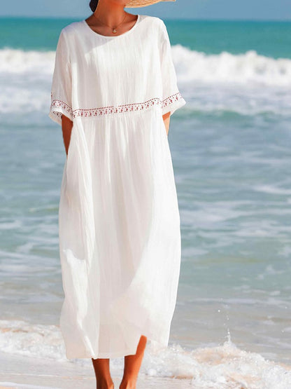 Robe Maxi Décontractée en Lin Blanc Brodé Pour Femmes – Été, Tenue de Plage