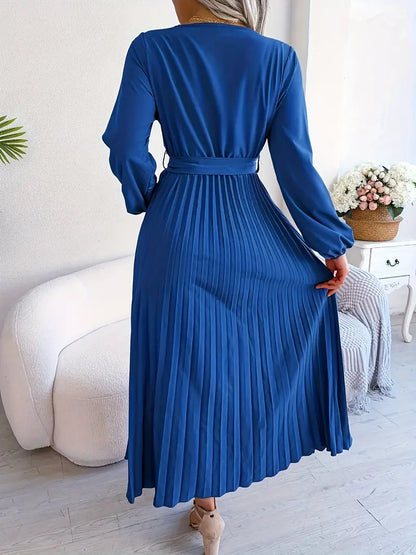 Robe Midi Portefeuille Plissée Femme – Manches Longues Col V Style Élégant