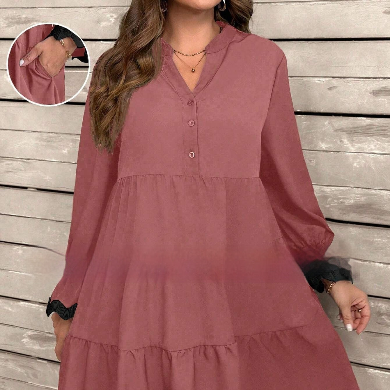 Robe midi femme ample à col V et manches longues