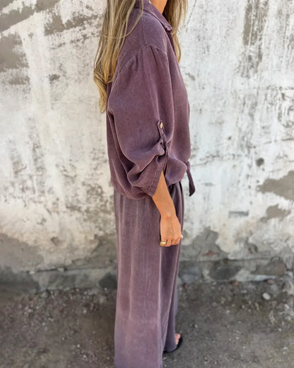 Ensemble Deux-Pièces Femme Décontracté et Tendance – Chemise à Manches et Pantalon Large Confortable