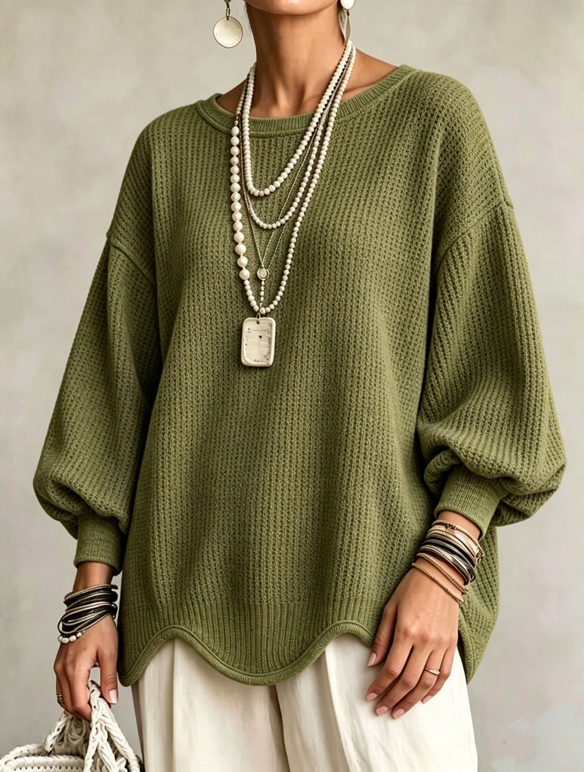 Women's top - Round neck, puff sleeves, and wavy hem