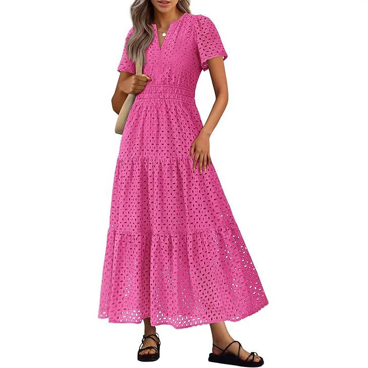 Robe Longue Fluide de Vacances à la Plage pour Femme – Style Col en V à Manches Courtes Eyelet