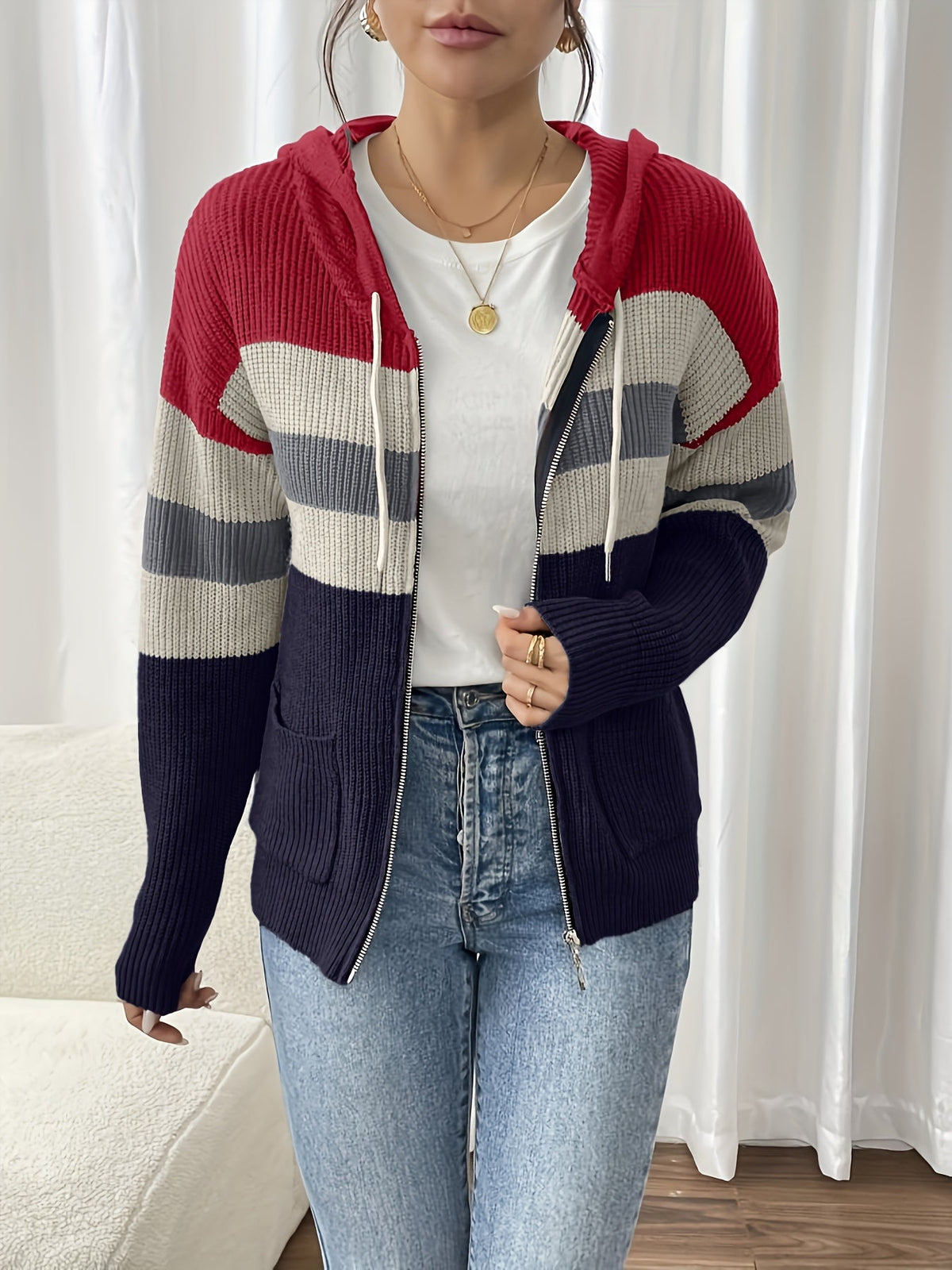 Women's zip-up color-block hooded cardigan - Comfortable and modern