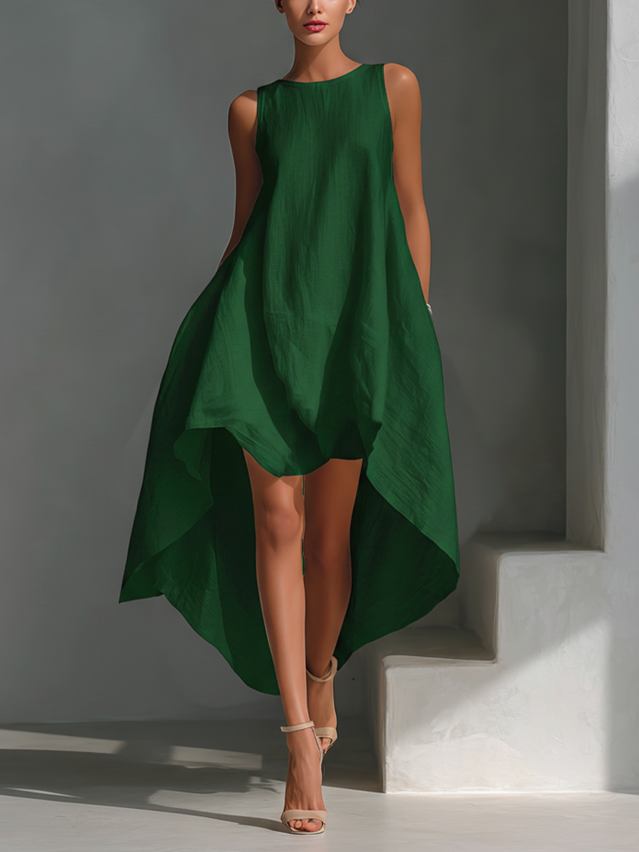 Robe midi sans manches en lin femme - Fluide et asymetrique