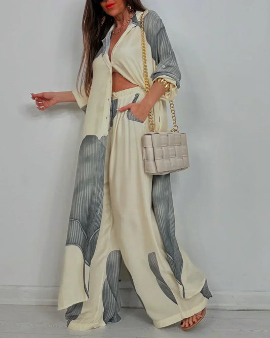 Women's two-piece set – Button-up collared shirt and coordinated high-waisted wide-leg pants