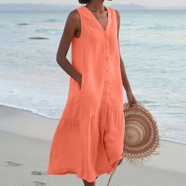 Robe d'été sans manches en lin pour femme – coupe ample et boutonnée sur le devant