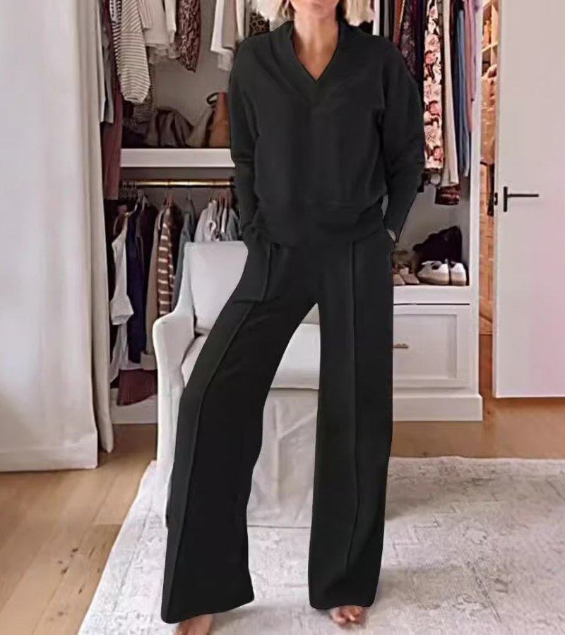 Ensemble Lounge Moderne Deux Pièces Femme – Haut Col V Manches Longues et Pantalon Large