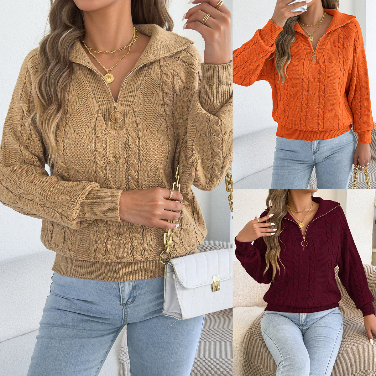 Pull femme torsade avec zip - Chaud et pratique