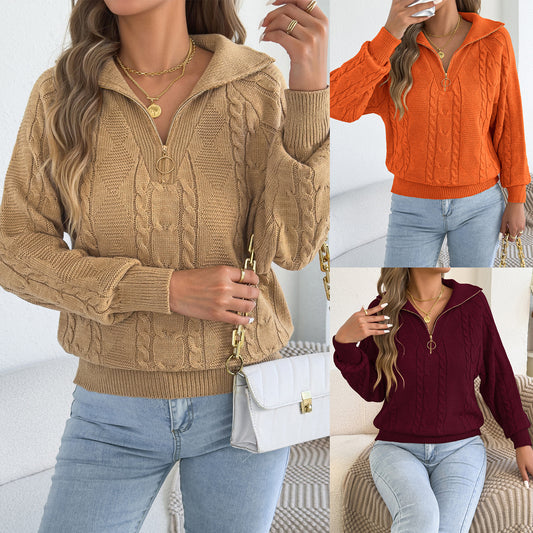 Pull femme torsade avec zip - Chaud et pratique
