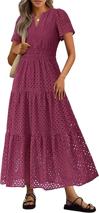 Robe Longue Fluide de Vacances à la Plage pour Femme – Style Col en V à Manches Courtes Eyelet