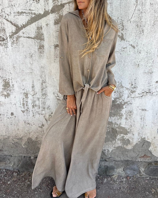 Casual and Stylish Two-Piece Set for Women – Long-Sleeved Shirt and Comfortable Wide Pants