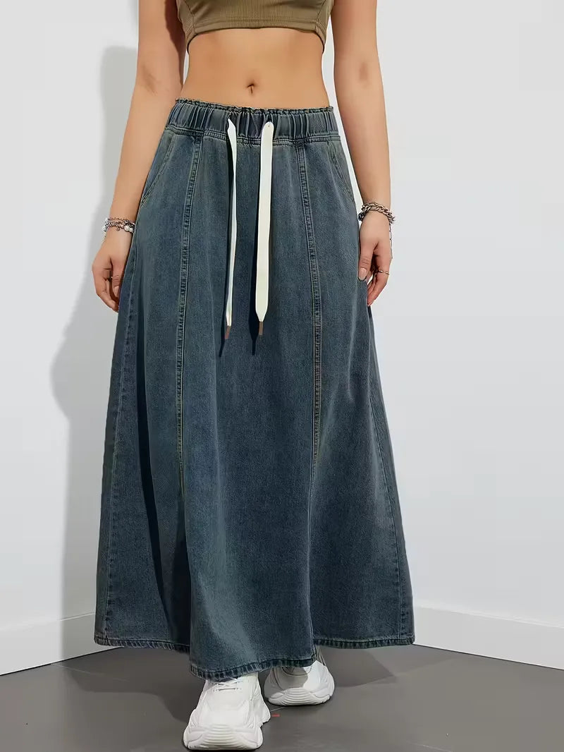 Women's maxi denim skirt with elastic waistband - Comfortable and practical