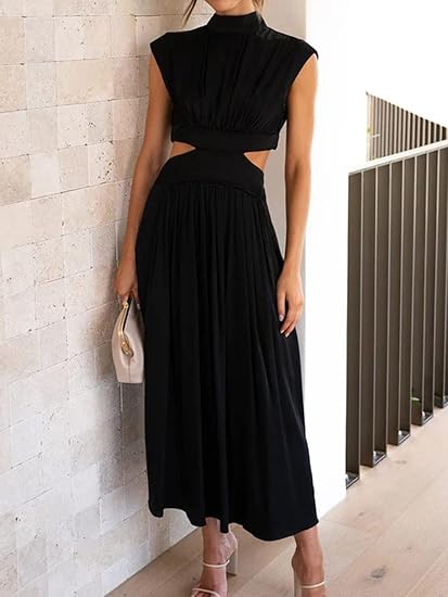 Robe Maxi Sans Manches Col Montant Femme – Style Plissé Fluide avec Découpes