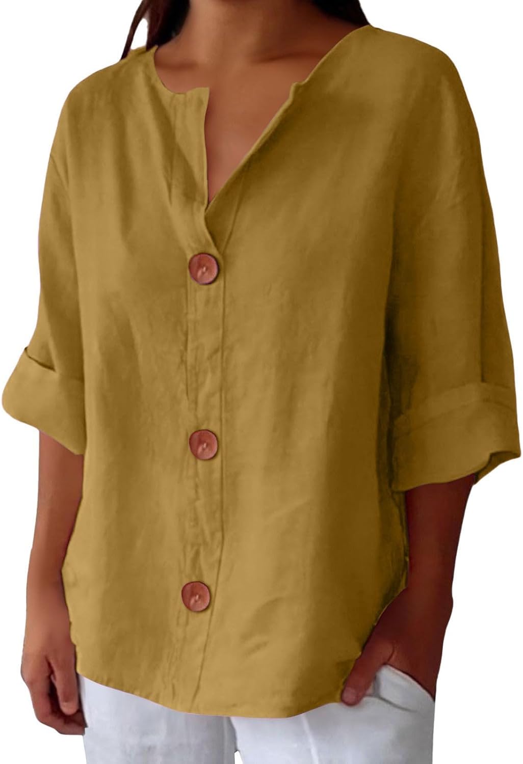 Blouse Gretel en lin beige boutonnée col tunisien
