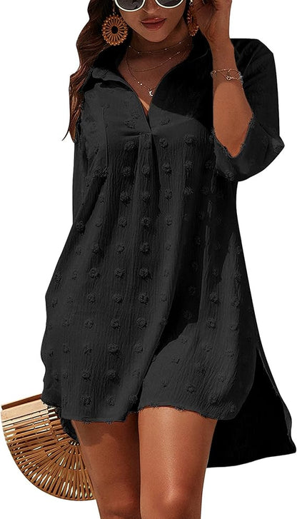 Solid Color Women's Beach Dress – Sun Protection Style with Three-Quarter Sleeves