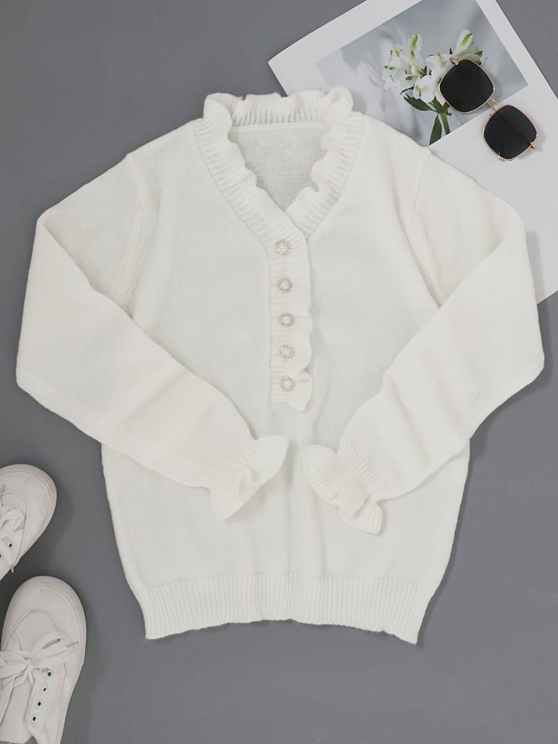 Pull blanc élégant à col en V pour femme – Détails à volants