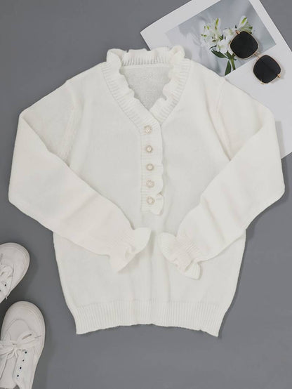 Pull blanc élégant à col en V pour femme – Détails à volants