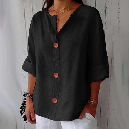 Blouse Gretel en lin beige boutonnée col tunisien