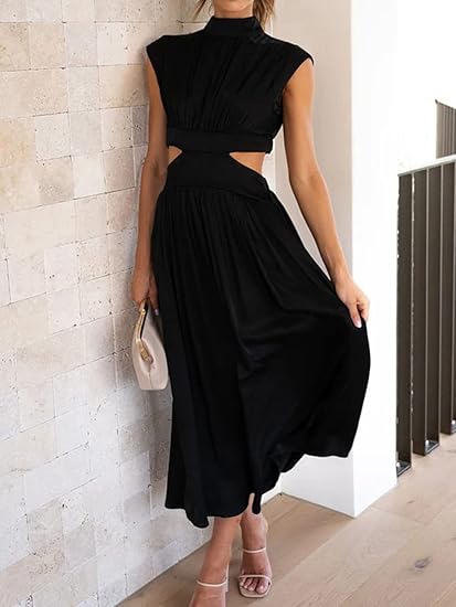 Robe Maxi Sans Manches Col Montant Femme – Style Plissé Fluide avec Découpes