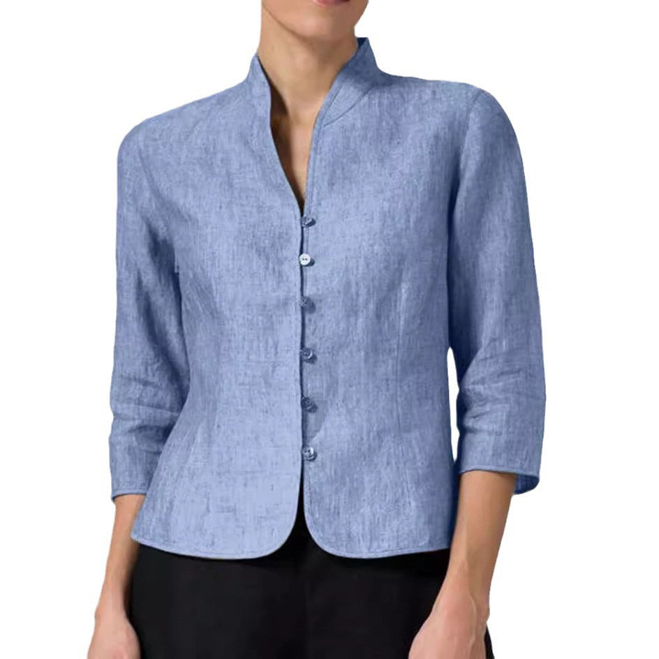 Blouse Ajustée Élégante à Boutons Femme – Col Montant en V avec Manches 3/4