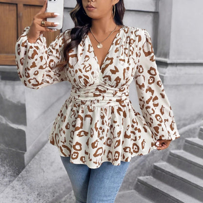 Camisa de mujer con estampado de leopardo, cuello en V y mangas largas
