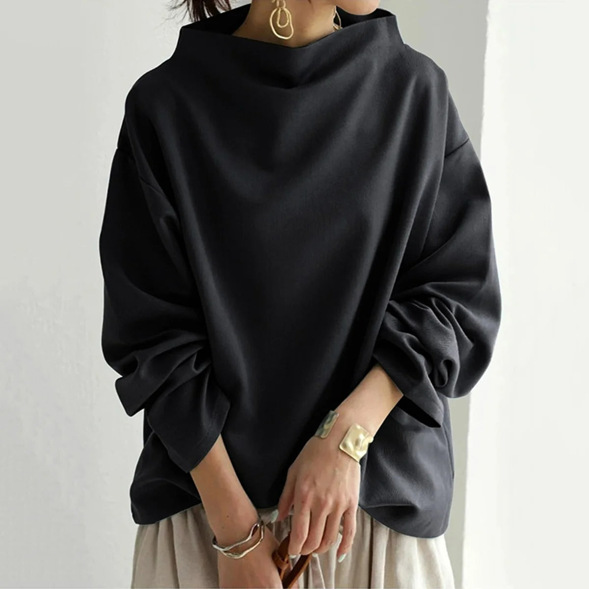 Pull Col Montant Élégant Femme – Coupe Décontractée Noir à Manches Longues