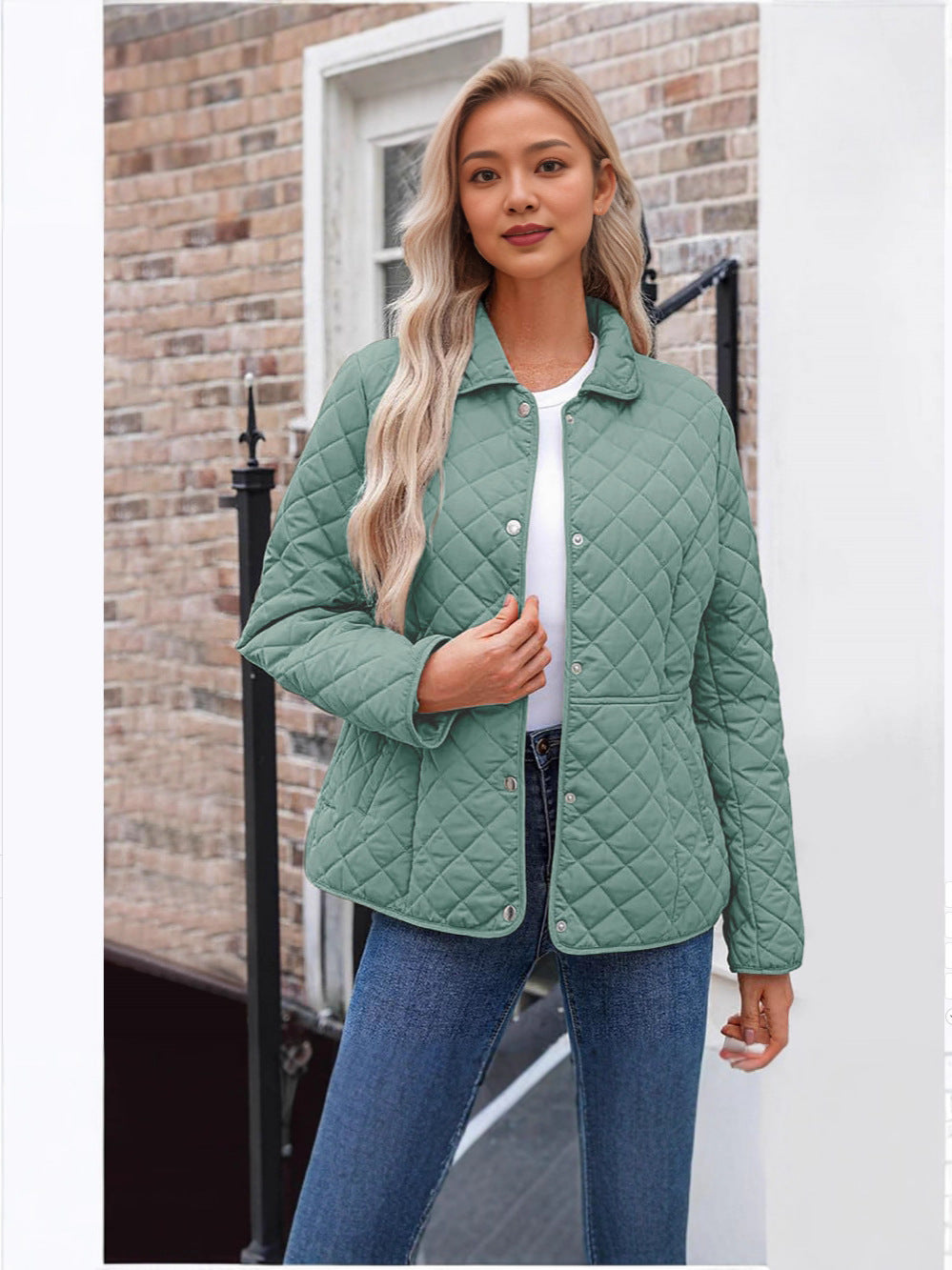 Solid Women's Quilted Jacket – Casual Style with a Warm Notched Collar