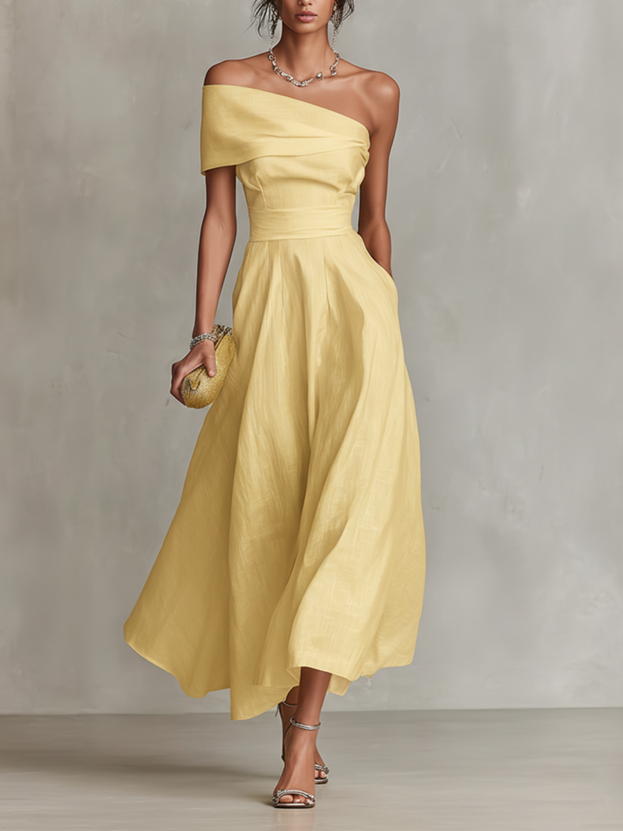 Robe en lin jaune asymetrique femme - Elegante et estivale