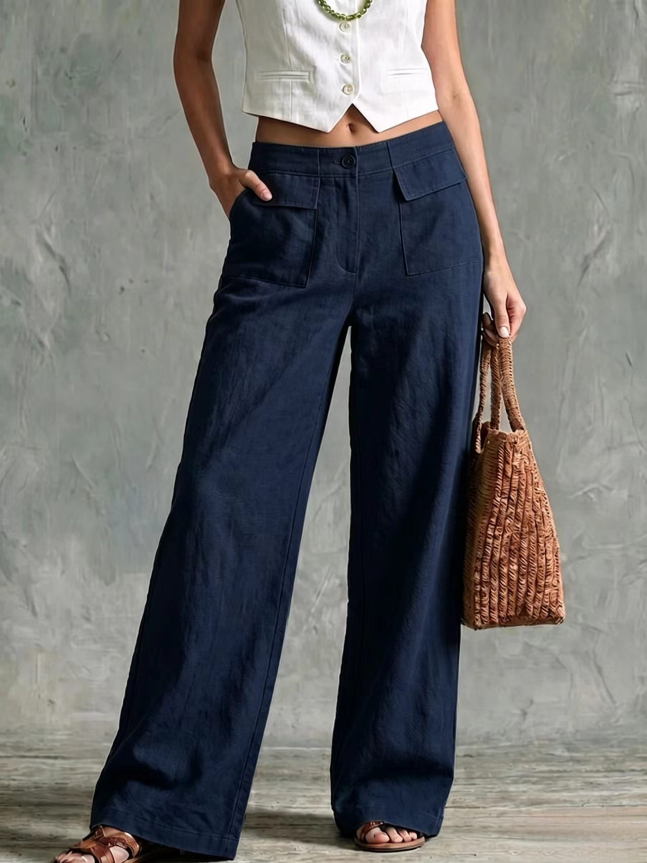 Pantalon femme uni ample a taille elastique decontractee