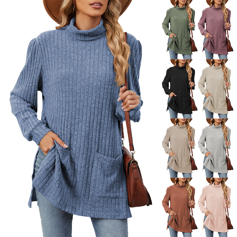 Women's turtleneck T-shirt with slits - Loose-fitting and practical