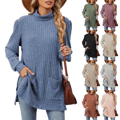 Women's turtleneck T-shirt with slits - Loose-fitting and practical