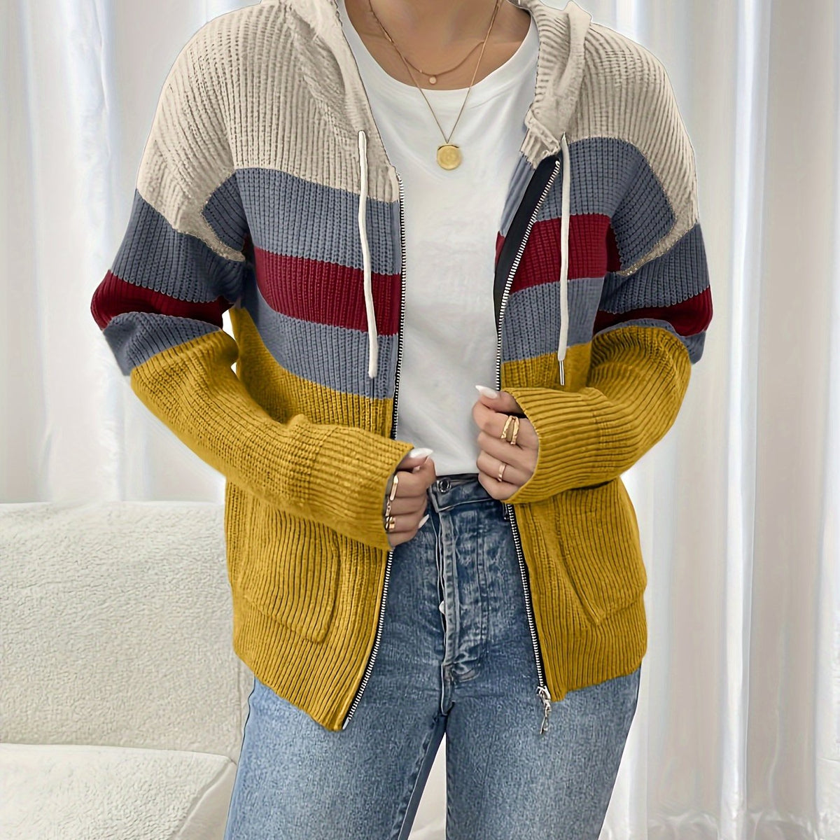 Women's zip-up color-block hooded cardigan - Comfortable and modern
