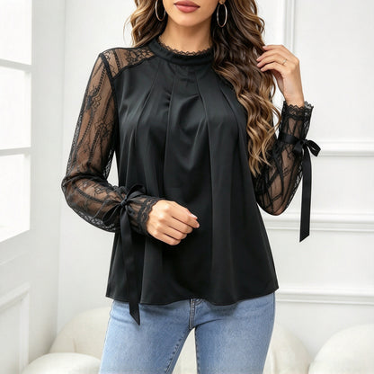 Blouse femme col montant plissee dentelle - Elegante et raffinee
